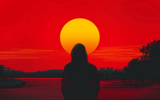 Sunset silhouette torii red moon - alena aenami free wallpaper