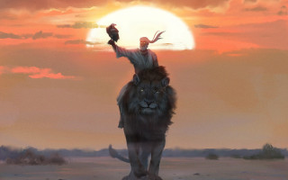 Man lion riding bird cinematic - a painting of a man riding free wallpaper