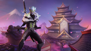 Futuristic man sword city mountain - splash art free wallpaper for desktop