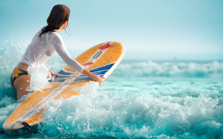Woman surfboard beach ocean waves - figurative art free wallpaper