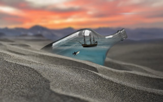 Bottle ship ocean sunset bird - a bottle free wallpaper