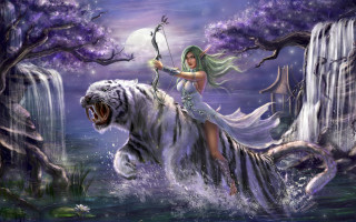 Woman tiger river elf moon - free fantasy wallpaper
