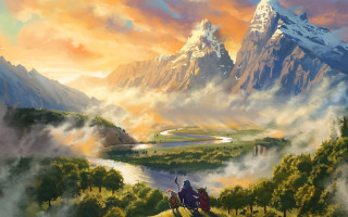 Mountain river horsemen forest dusk - a painting of a mountain scene free wallpaper