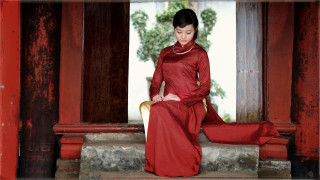 Woman red dress bench chinese - phuoc quan free wallpaper