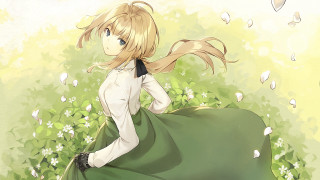 Woman green dress flower field - preraphaelitism free wallpaper