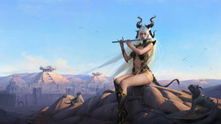 Woman horns sitting dragon sword - epic fantasy character art free wallpaper for desktop