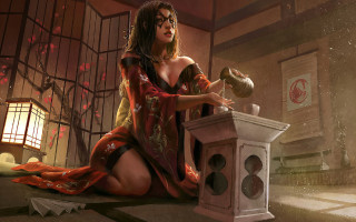 Woman red dress teapot lantern - a teapot free wallpaper