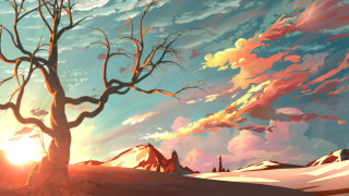 Tree snow sunset fantasy matte - anton fadeev free wallpaper for desktop