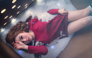 Woman reddress hologram blueeyes kneehighs - a white rug free wallpaper