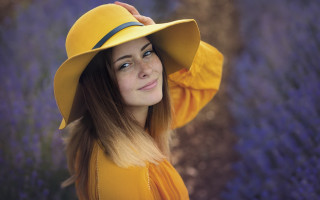 Woman yellowhat lavenderfield portrait EszterMattioni - a yellow dress free wallpaper