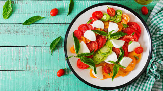 Tomatoes mozzarella basil blue table - neofauvism free wallpaper for desktop