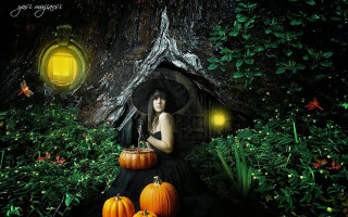 Gothic fantasy woman pumpkins lanterns - fantasy magic free wallpaper