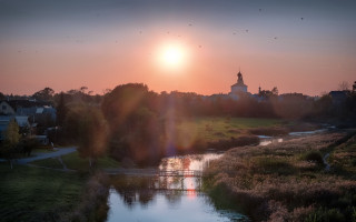 River green countryside sunset church - evening free wallpaper