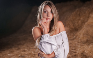 Woman white dress hands face - under her chin free wallpaper