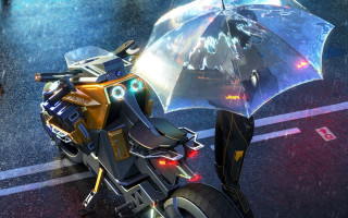 Cyberpunk motorcycle astronaut aurora city - the back of its free wallpaper for desktop