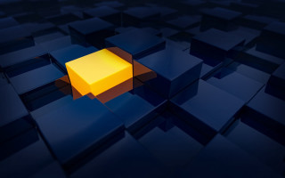 Yellow cube blue background squares - isometric view free wallpaper