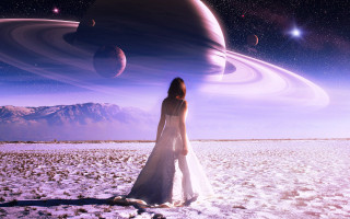 Desert woman white dress space - dreamlike free wallpaper for desktop