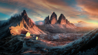 Mountain house sunset clouds matte - a house in the foreground free wallpaper