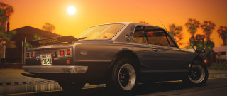 Sunset palm trees car road - photorealistic lighting free wallpaper for desktop