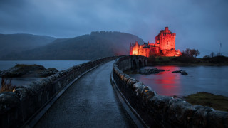 Castle lit night path water - a body of water in front free wallpaper