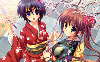Anime girls kimono umbrella cherry - umbrella free wallpaper