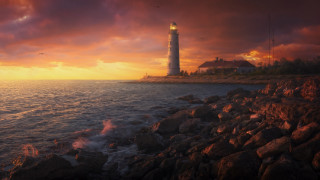Lighthouse rocky shore sunset bird - over the water free wallpaper for desktop