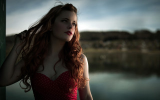 Red haired woman lake dress - a red bow tie free wallpaper