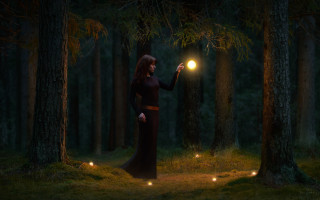 Woman forest moonlight magic fireflies - a long dress holding free wallpaper