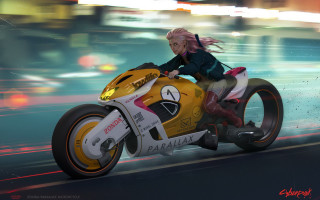 Woman motorcycle night cyberpunk artist - a yellow motorcycle free wallpaper