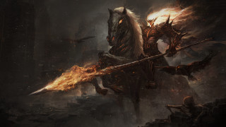 Fire breathing horseman embers sky - his hand and a fire free wallpaper