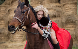 Red dress hugging horse neo - a pile of hay free wallpaper