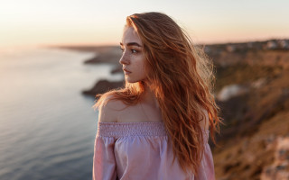 Woman longhair cliff ocean sunset - anna findlay free wallpaper