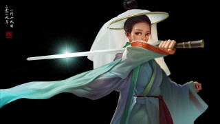 Woman kimono sword hat fantasy 2 - a woman in a kimono holding free wallpaper for desktop