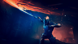Futuristic man sword dark room - warframe armor free wallpaper