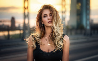 Blonde woman bridge sunset bokeh - free vintage wallpaper