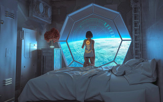 Person room bed window planet - solarpunk free wallpaper
