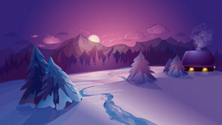 Snowy landscape cabin trees night - a snowy landscape free wallpaper for desktop