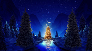 Christmas tree night sky moon - a crescent moon free wallpaper for desktop