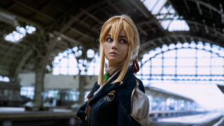 Blonde woman train station cosplay - classical realism free wallpaper