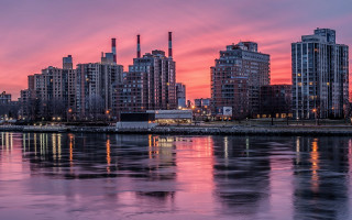 City skyline pink sky bridge - a body of water in front free wallpaper for desktop