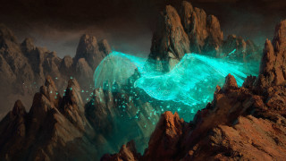 Mountain glowing stream rocks fantasy - a painting of a mountain free wallpaper