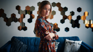 Eszter mattioni blue couch mirror - the wall behind her free wallpaper for desktop