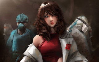 Woman red dress gun man - her hand and a man free wallpaper