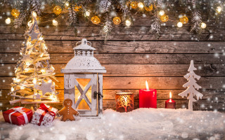 Christmas lantern snowy tree winter - a wooden background free wallpaper
