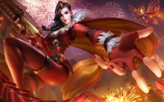 Red woman sword fireworks league - a red outfit free wallpaper for desktop