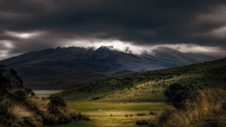 Mountain range cloudy sky path - dramatic light free wallpaper