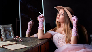 Woman pink dress smoking gloves - neoclassicism free wallpaper for desktop