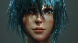 Blue hair bangs portrait eve - a close up of a person free wallpaper