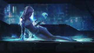 Futuristic city woman glass ball - a white bodysuit free wallpaper