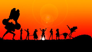 Sunset group silhouette guitar hero - poster art free wallpaper for desktop
